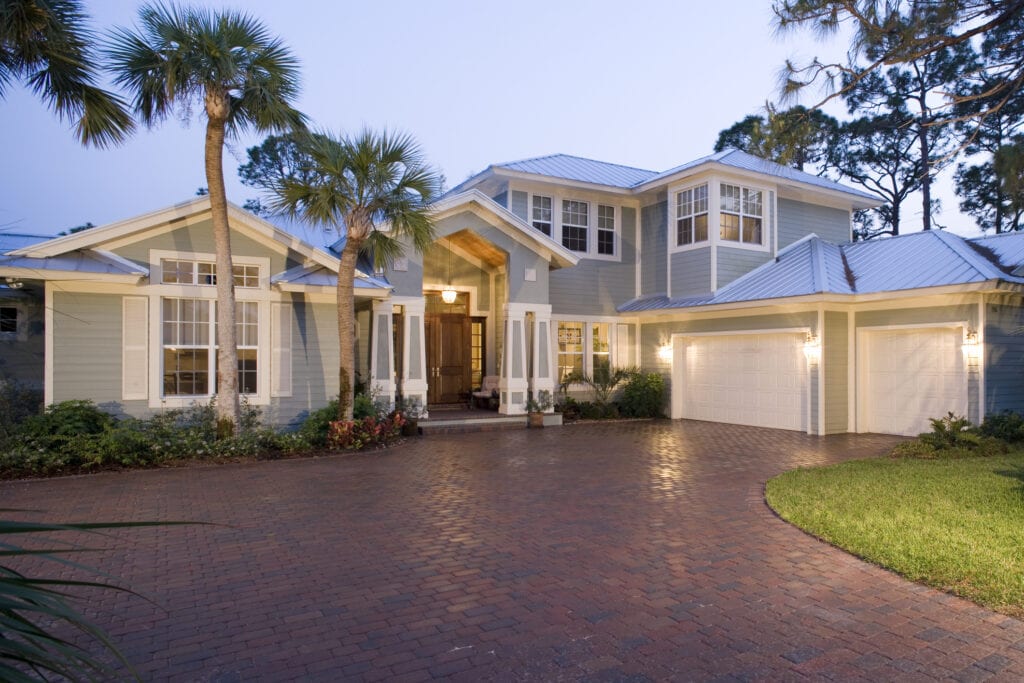 Front exterior of modern house at sunset